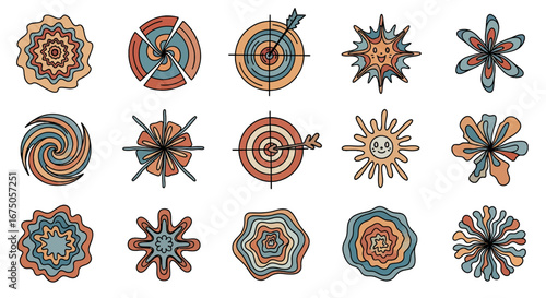 Collection of Retro Style Graphic Elements with Various Shapes and Colors
