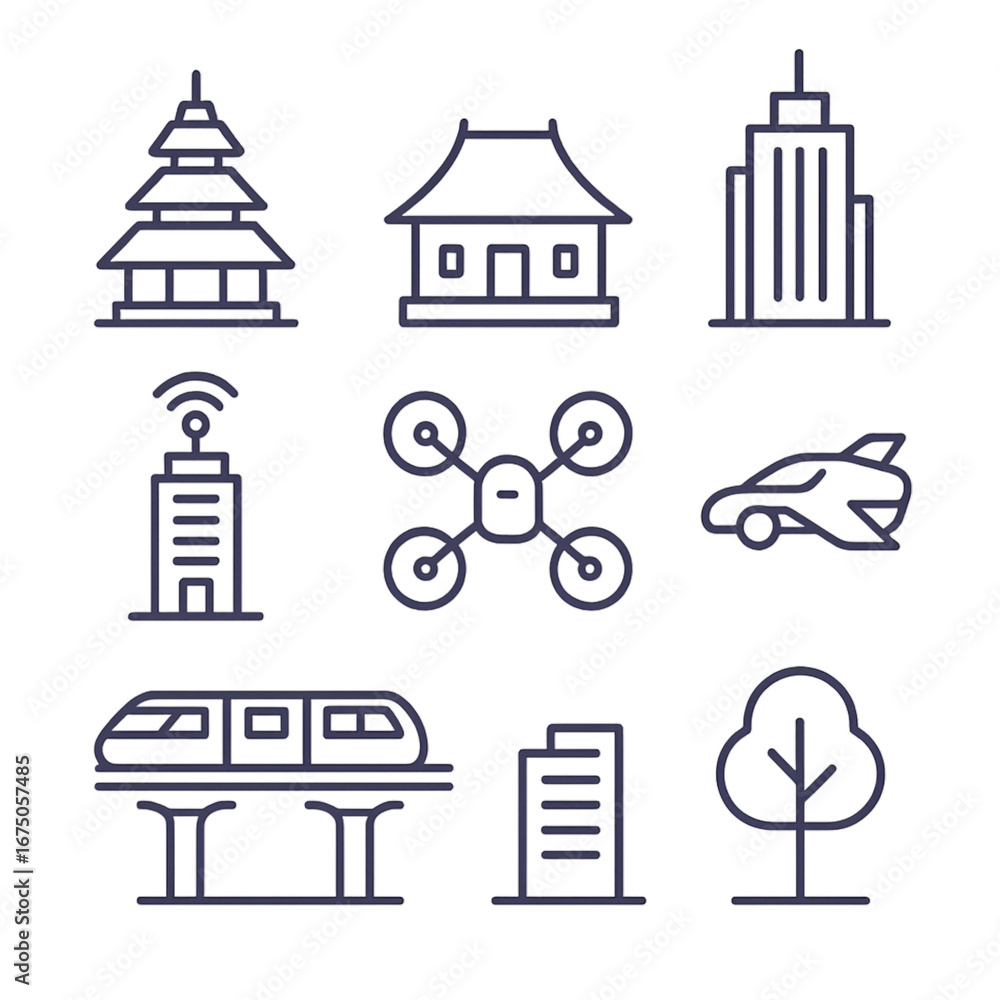 Fototapeta premium Clean vector line art icon set featuring Indonesian pagoda, joglo house, futuristic skyscrapers, smart tower, drone, flying car, monorail, and urban tree, in minimal outline stroke style.