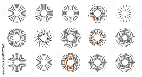 A diverse collection of abstract circular geometric icons, featuring line art, sunbursts, and swirl patterns.