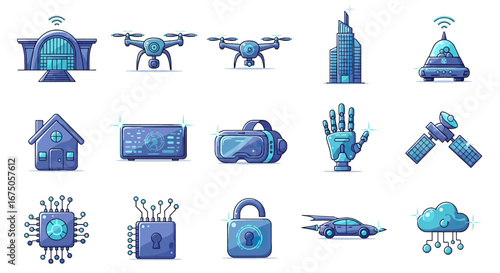 A vibrant set of blue cartoon icons representing futuristic technology, innovation, and smart devices.