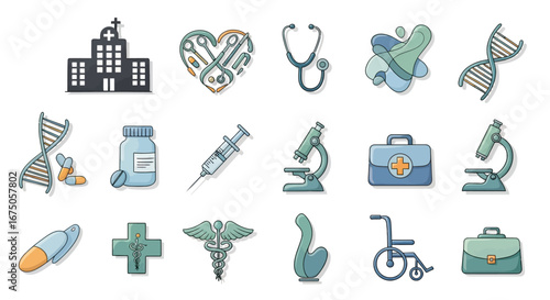 Collection of Medical Icons Representing Healthcare and Science