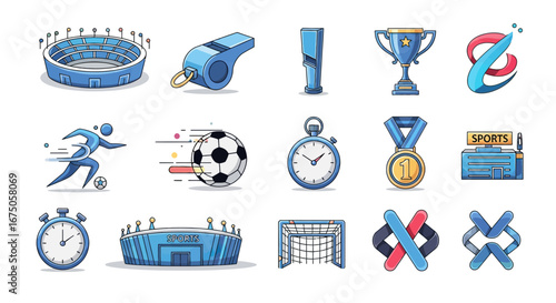 A vibrant collection of sports-themed icons, including a stadium, trophy, and soccer ball, in a modern flat cartoon style.