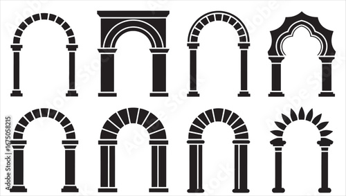 Variety of Arches Architectural Silhouettes with Columns Black and White Illustration Collection Arches and Openings Styles for Design
