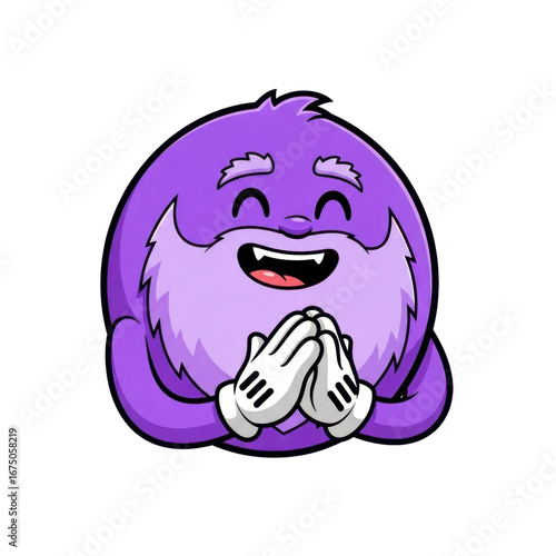 Cheerful Round Purple Character with Beard Smiling and Clapping Hands in a Fun and Playful Manner