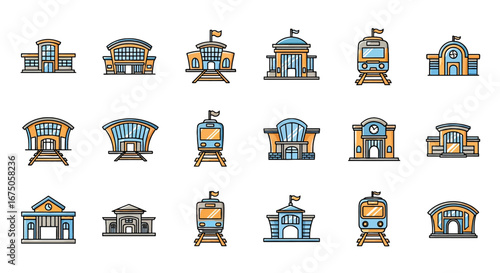 Collection of Stylized Flat Design Train Stations and Trains