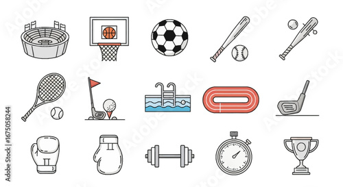A collection of colorful line art icons representing various sports, fitness activities, and recreational equipment.