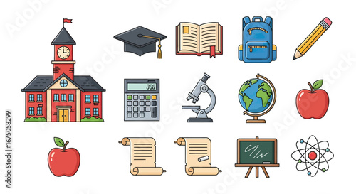 Vibrant educational icons collection featuring school, books, globe, and science symbols