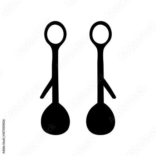 Two abstracted figures standing tall with circular heads and bulbous bodies