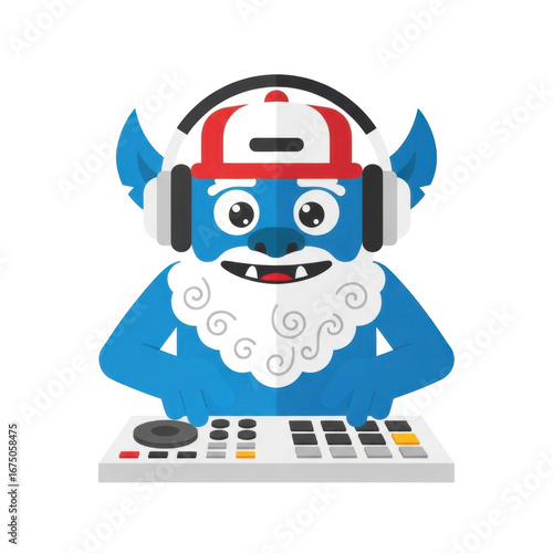 Cartoon Monster DJ with Headphones and Beard Playing Music at a Party