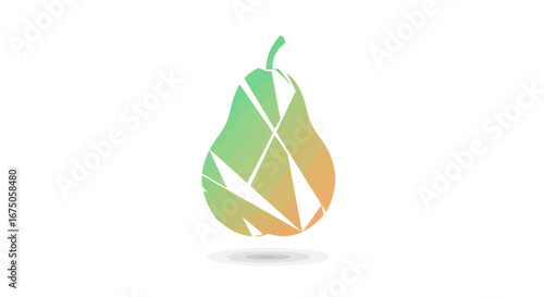 Stylized geometric pear with a green and orange gradient, featuring a low-poly, faceted design.