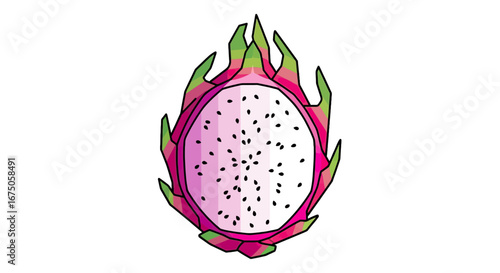 Vibrant stylized illustration of a halved dragon fruit with pink skin and green scales.