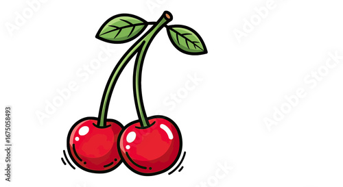 Vibrant cartoon red cherries with green leaves and stems, featuring glossy highlights