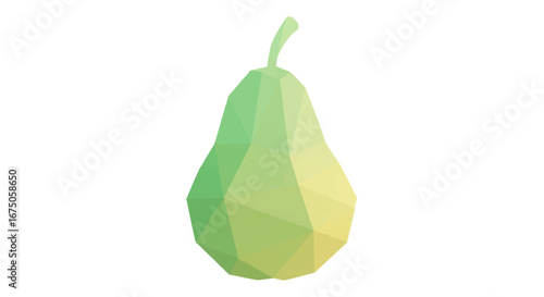 Geometric low-poly pear with vibrant green and yellow gradient facets, featuring a small stem.