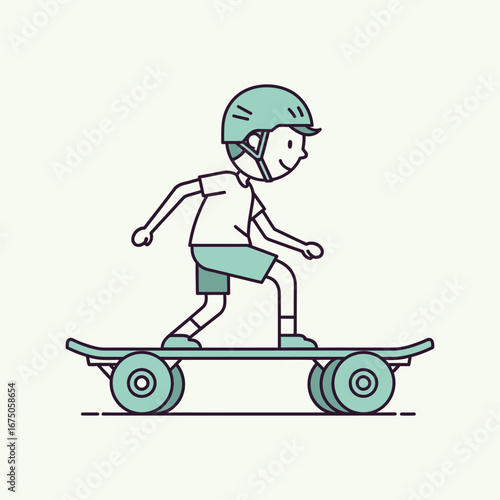 Boy skateboarding down the street wearing a helmet and shorts on a sunny afternoon, enjoying the freedom and fun of outdoor activity.