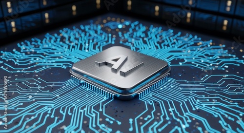 Artificial Intelligence (AI) icon on a glowing CPU. Futuristic technology concept showing a chip on a circuit board in a data center or server room.

