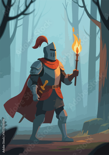 Knight holding a torch in eerie forest great for fantasy book covers, halloween designs, and spooky themed content creation