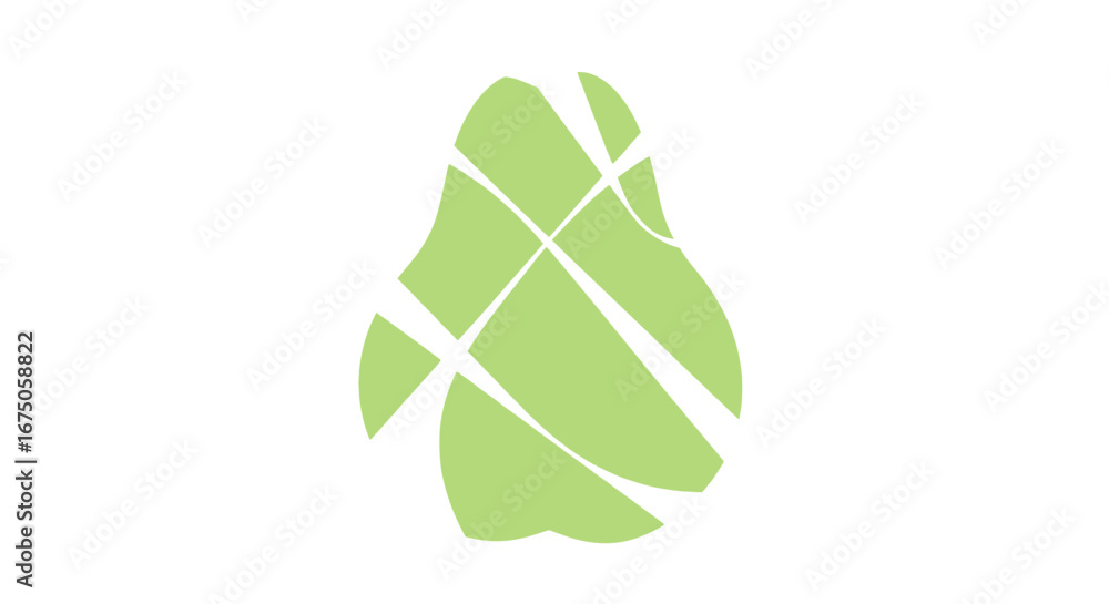 Abstract fragmented pear-shaped silhouette in a light green color, featuring a shattered mosaic style.
