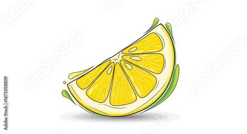 Cartoon Lemon Slice with Green Splash Accents, Yellow Pulp