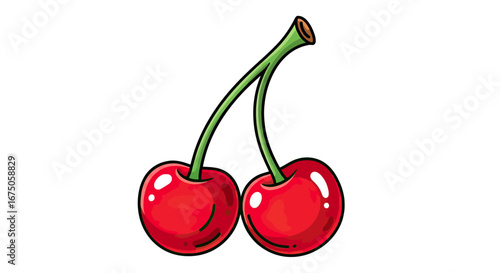 Vibrant cartoon drawing of two glossy red cherries with a shared green stalk.