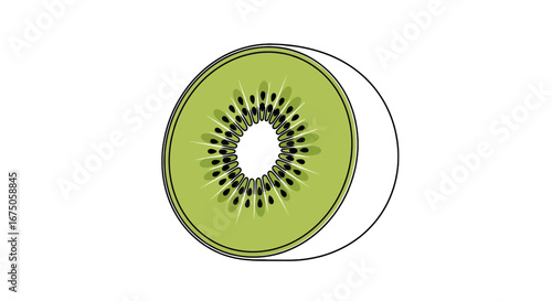 Vibrant green kiwi fruit slice with black seeds and white core, minimalist continuous line art style.