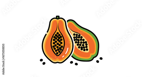 Vibrant illustration of two halved papayas with black seeds