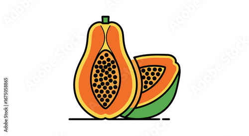 Vibrant flat design papaya illustration, cut open, revealing orange flesh and black seeds.