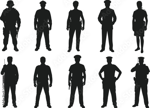 Silhouettes of police officers, soldiers, law enforcement personnel, security team standing, uniformed police, military figures, public safety, authority silhouettes
