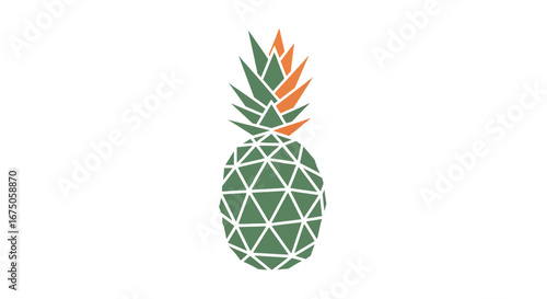 A modern geometric pineapple illustration with a green polygonal body and an orange and green spiky crown.