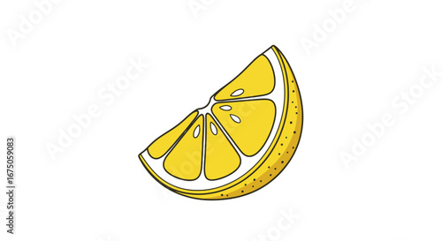 Hand-drawn cartoon illustration of a vibrant yellow lemon wedge with a dotted rind and black outline.