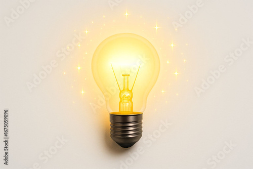 Bright incandescent light bulb glowing warm yellow light symbolizing ideas innovation and energy