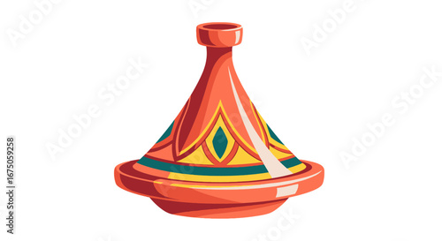 Colorful Illustrated Tagine Pot with Geometric Decorations and Lid