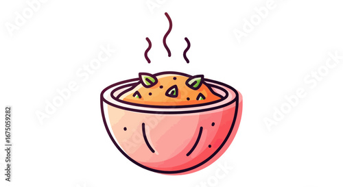 Stylized cartoon illustration of a steaming hot bowl of orange soup, garnished with fresh green herbs.