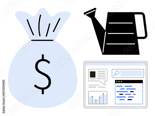 Money bag representing wealth, watering can symbolizing investment growth, and analytics dashboard showcasing data trends. Ideal for finance, investment, business, strategy, analytics, startups