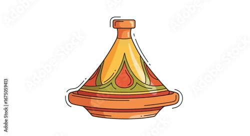 A colorful Moroccan tagine pot illustration with a conical lid and warm-toned ethnic patterns.