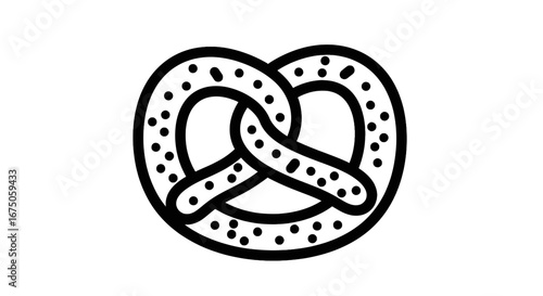 A simple black line art icon of a traditional twisted pretzel sprinkled with salt dots.