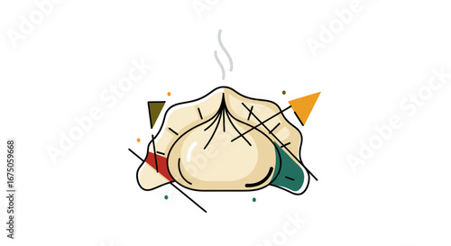 Modern line art illustration of a single steaming hot Asian dumpling with colorful patches.