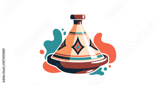 Vibrant, stylized illustration of a Moroccan tagine pot with geometric patterns.