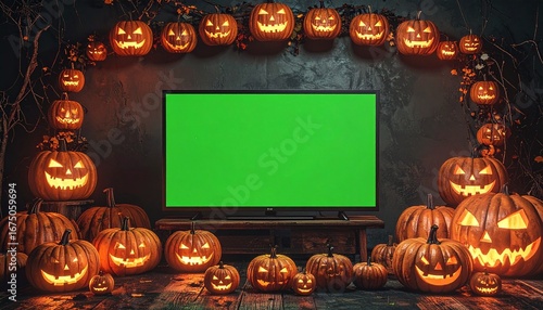 Festive Halloween scene with a green screen television mockup, framed by an arch of illuminated carved pumpkins and spooky decor
