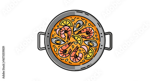 Delicious Seafood Paella Dish with Shrimp, Mussels, and Lemon Slices