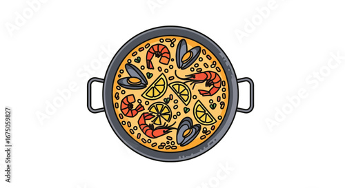 Colorful Vector Illustration of Delicious Paella Dish with Seafood