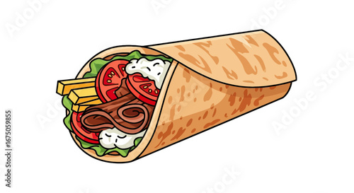 Cartoon Gyros Kebab Wrap Filled with Meat, Fresh Vegetables, Crispy Fries, and Creamy Sauce