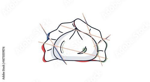 Stylized Illustration of a Steaming Dumpling Held by Abstract Hands