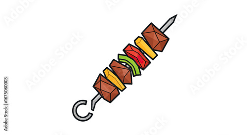 Colorful Skewered Meat and Vegetable Bites on a Metal Skewer