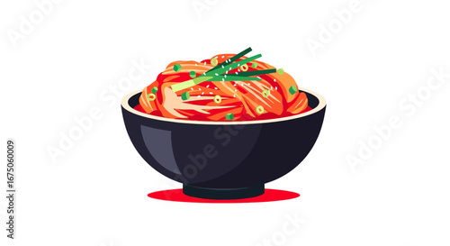A vibrant vector illustration of spicy Korean kimchi in a black bowl, garnished with fresh green onions and sesame seeds.