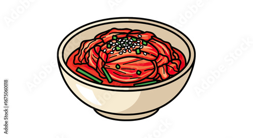 Cartoon Kimchi Bowl with Green Onions and Sesame Seeds Illustration