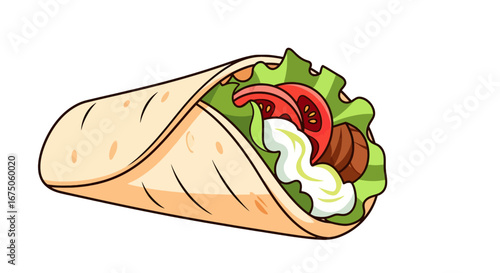 Freshly made cartoon falafel wrap with lettuce, tomato, and creamy sauce.