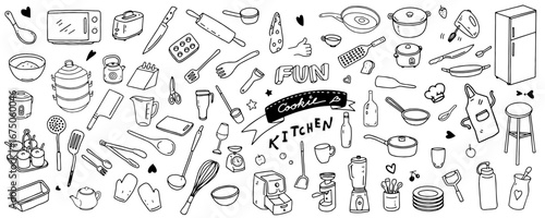 Set of kitchenware hand drawn such as pot, plate, glass, kettle, spoon, fork, pan, refrigerator, jar, mug. Baking accessories in doodle style. Vector illustration isolated on white background.