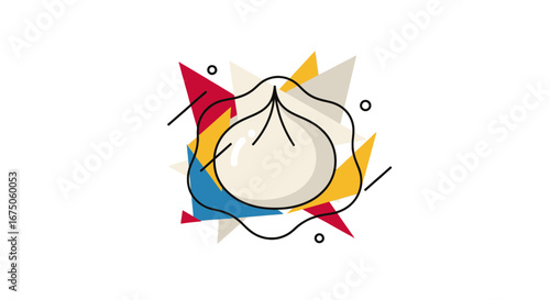 Modern line art illustration of a steamed baozi dumpling with colorful abstract geometric shapes.