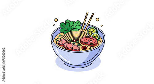 A vibrant cartoon illustration of a steaming bowl of Asian noodle soup with meat, lime, and fresh garnishes.
