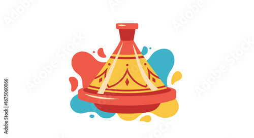 Colorful Moroccan tagine cooking pot with a conical lid and traditional geometric patterns.